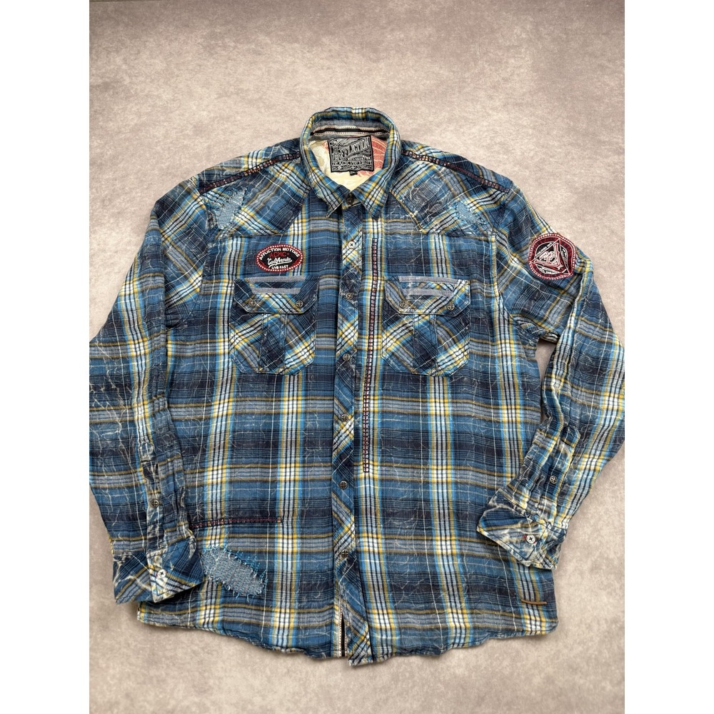 Affliction Shirt Mens 2XL Blue Plaid‎ Black Premium Western Snap Distressed ACMC